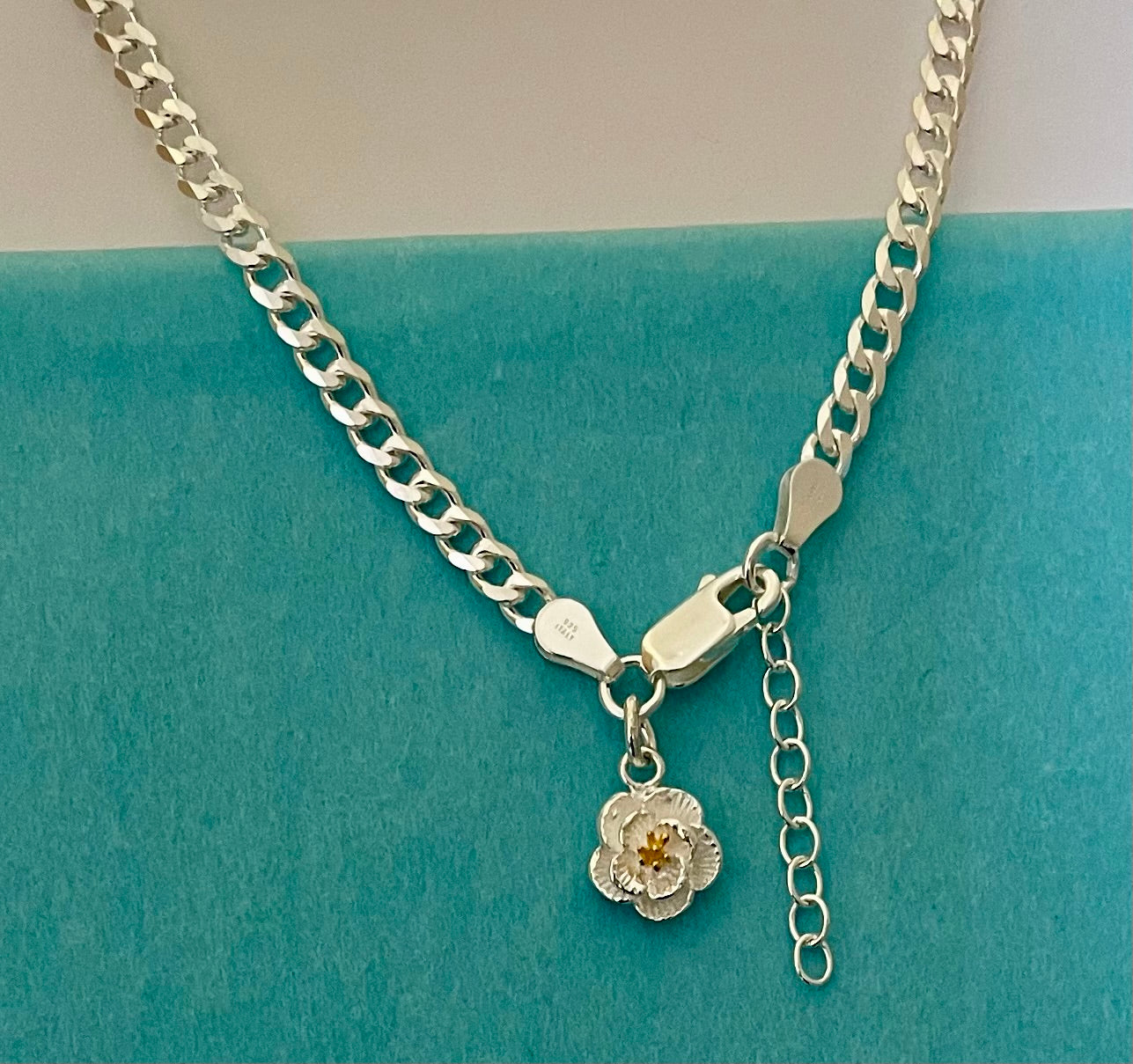 Anklet Flower On Thick Curb Link Solid 925 Sterling Silver Italy