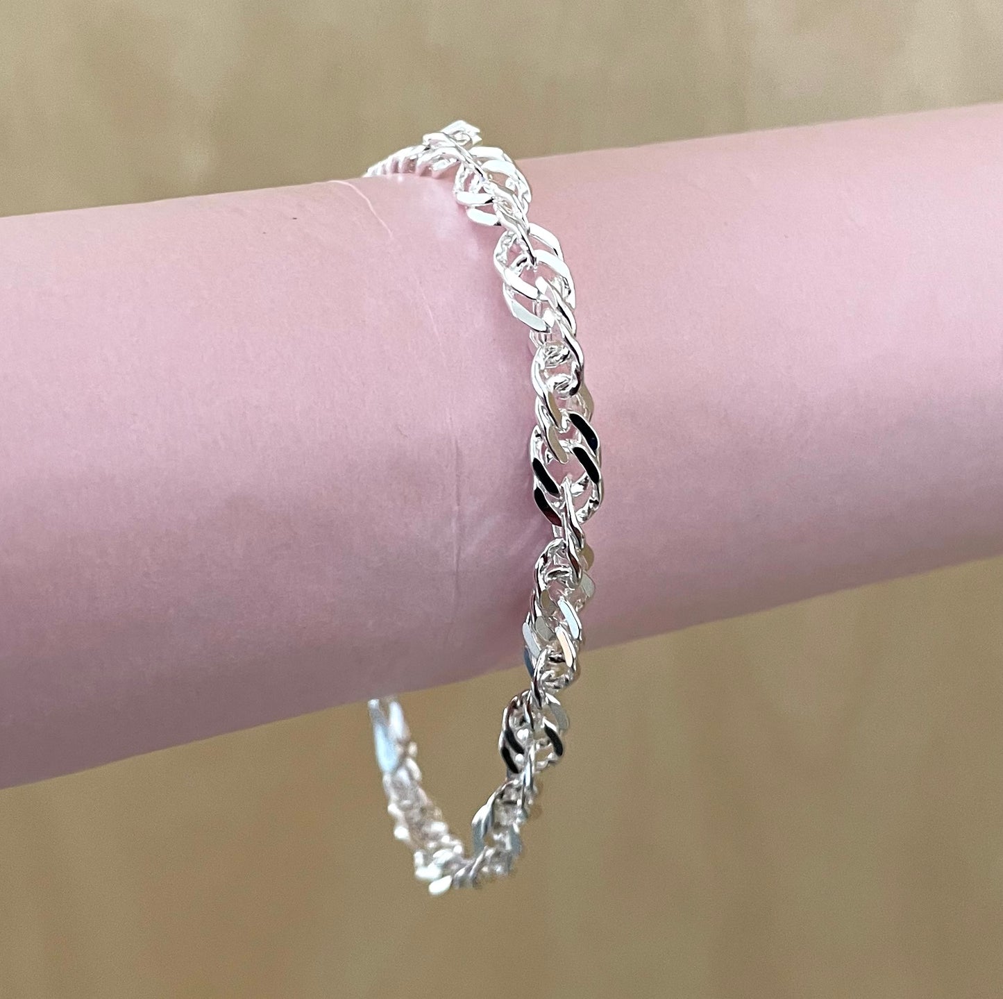 Bracelet Singapore Thick Link Solid 925 Sterling Silver Italy