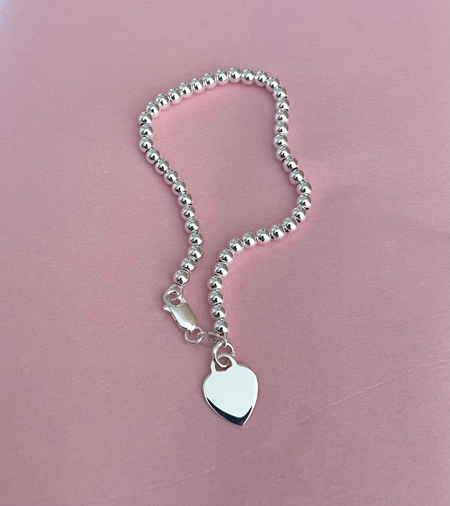 Bracelet Ball Bead Heart Tag Solid 925 Sterling Silver Italy