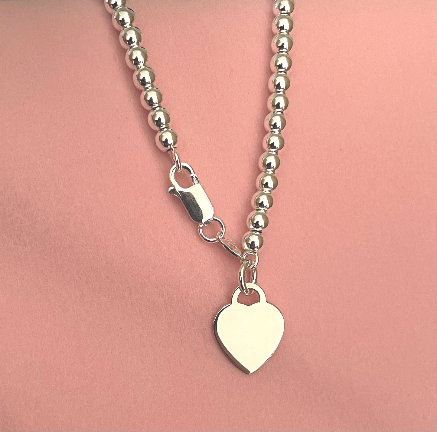 Bracelet Ball Bead Heart Tag Solid 925 Sterling Silver Italy