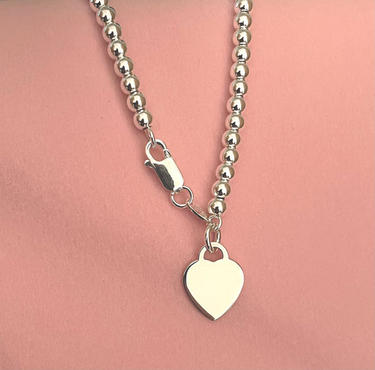 Bracelet Ball Bead Heart Tag Solid 925 Sterling Silver Italy