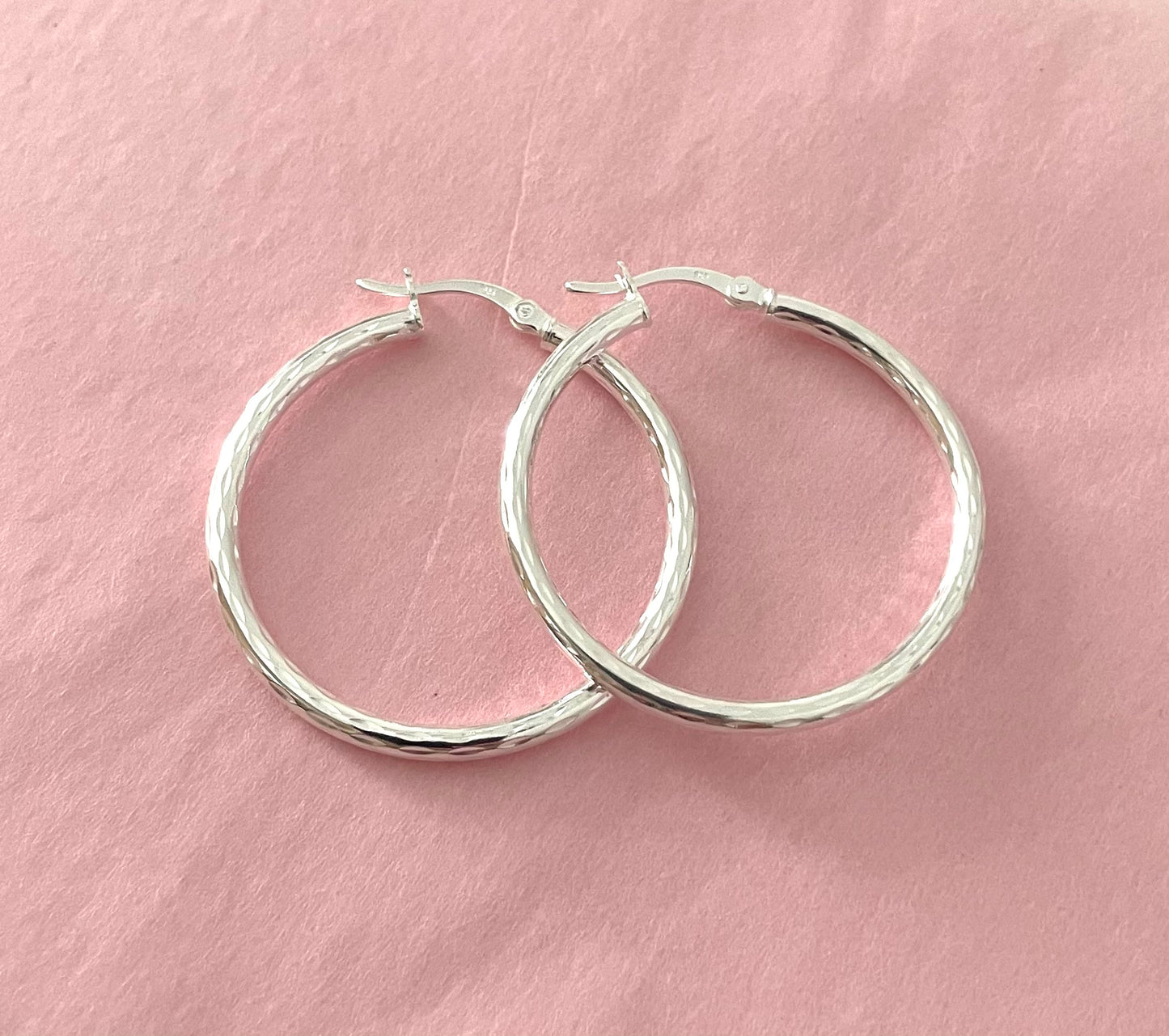 Earrings Large Size Diamond Cut Hoops 35mm Solid 925 Sterling Silver