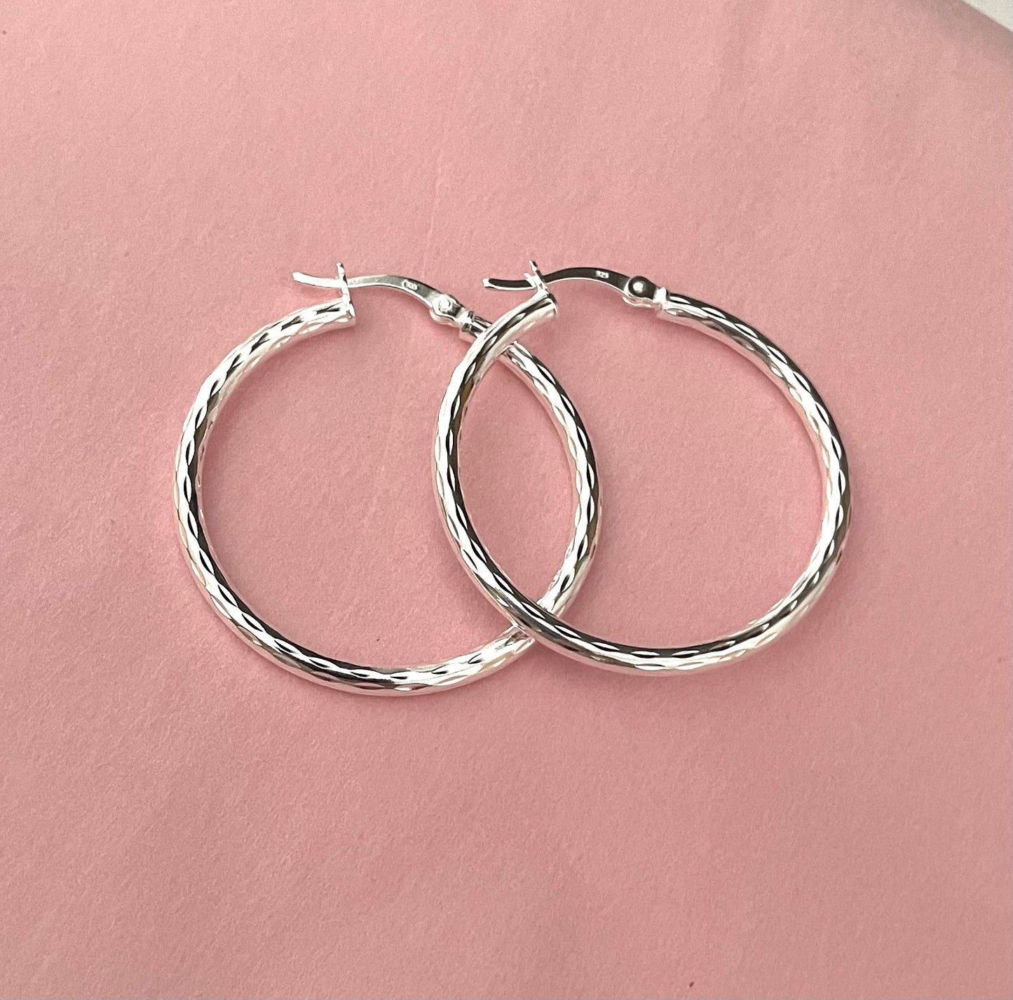 Earrings Large Size Diamond Cut Hoops 35mm Solid 925 Sterling Silver
