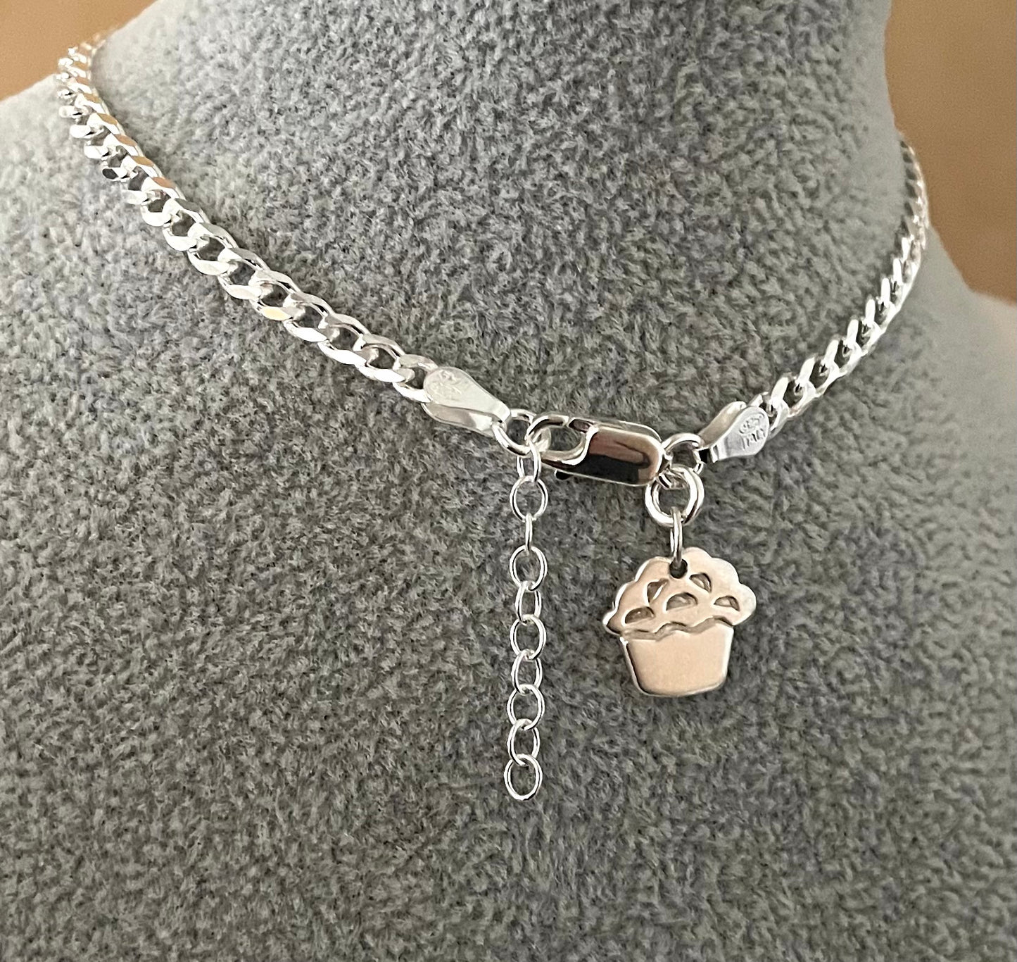 Anklet Cupcake On Thick Curb Link Solid 925 Sterling Silver Italy