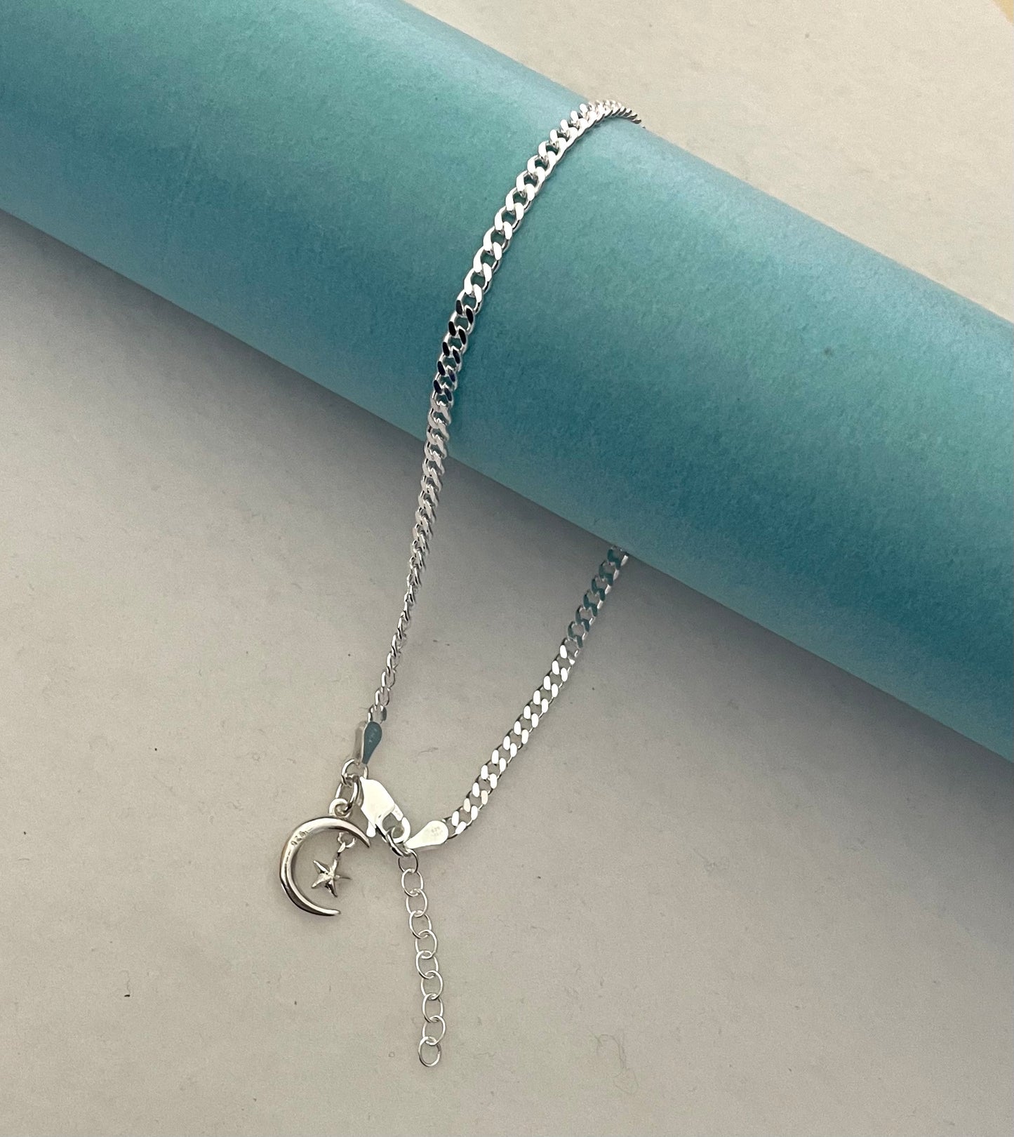 Anklet Night Sky Curb Link Solid 925 Sterling Silver Italy