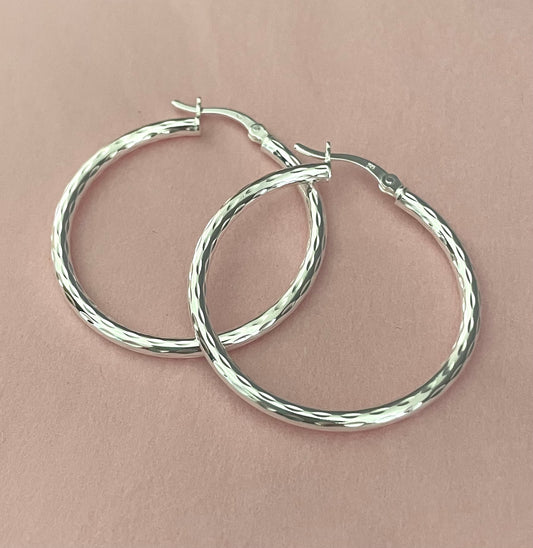 Earrings Large Size Diamond Cut Hoops 35mm Solid 925 Sterling Silver