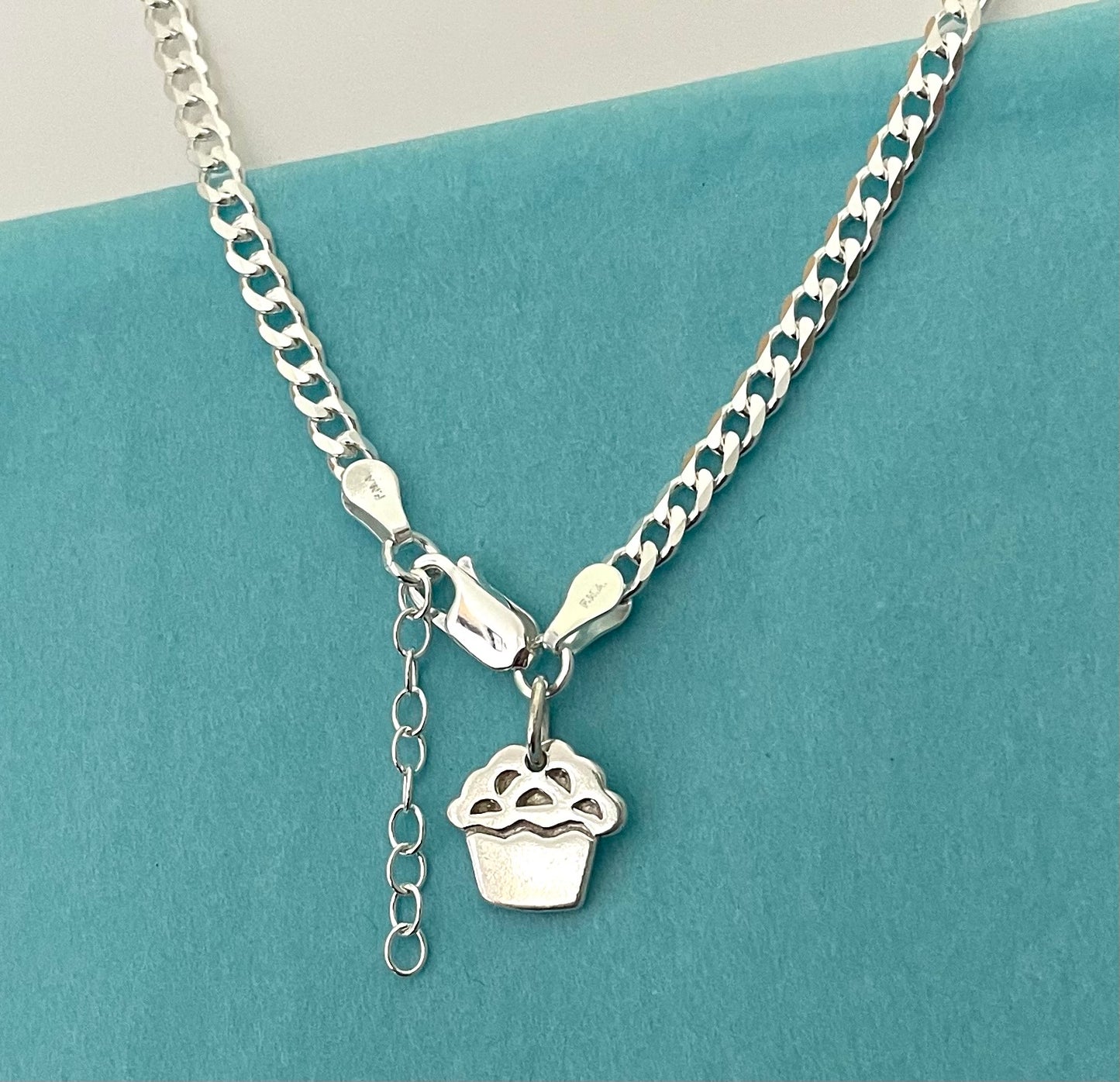Anklet Cupcake On Thick Curb Link Solid 925 Sterling Silver Italy