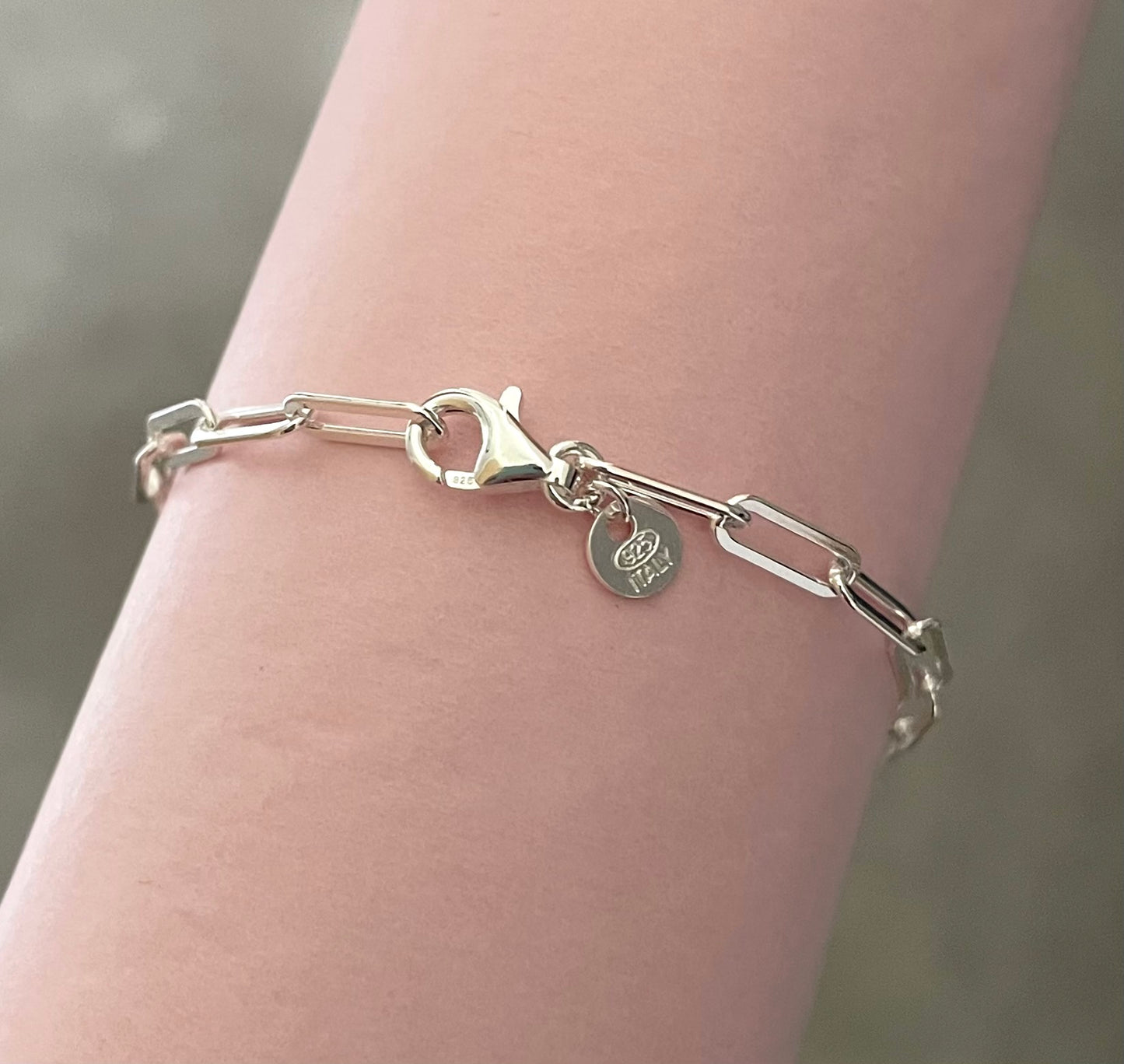 Bracelet Paperclip 3.5mm Shiny Flat Link Solid 925 Sterling Silver Italy