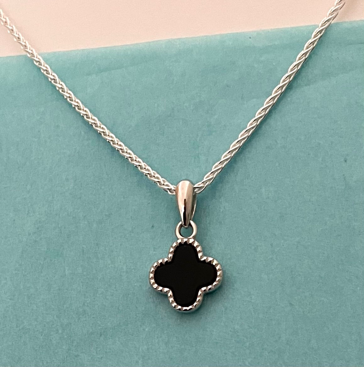 Clover Necklace With Black Agate Solid 925 Sterling Silver Italy