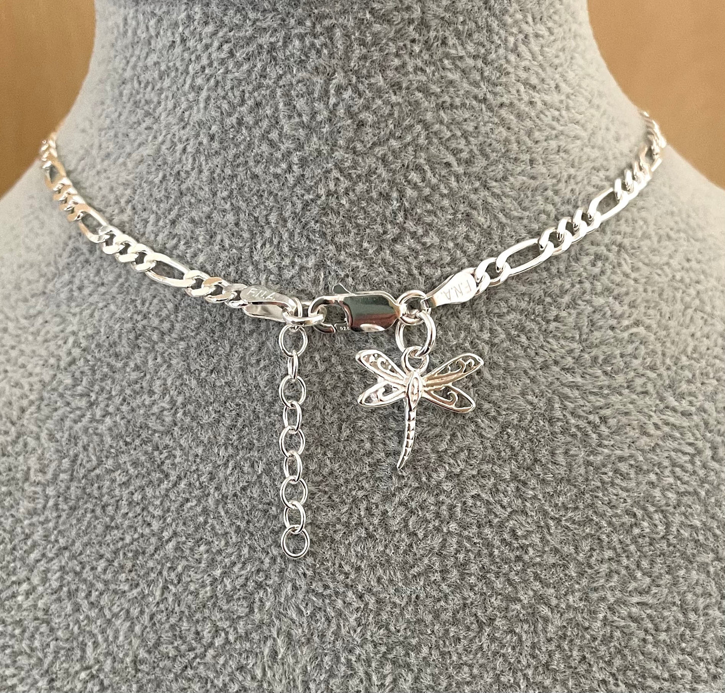 Anklet Figaro Link With Dragonfly Solid 925 Sterling Silver Italy