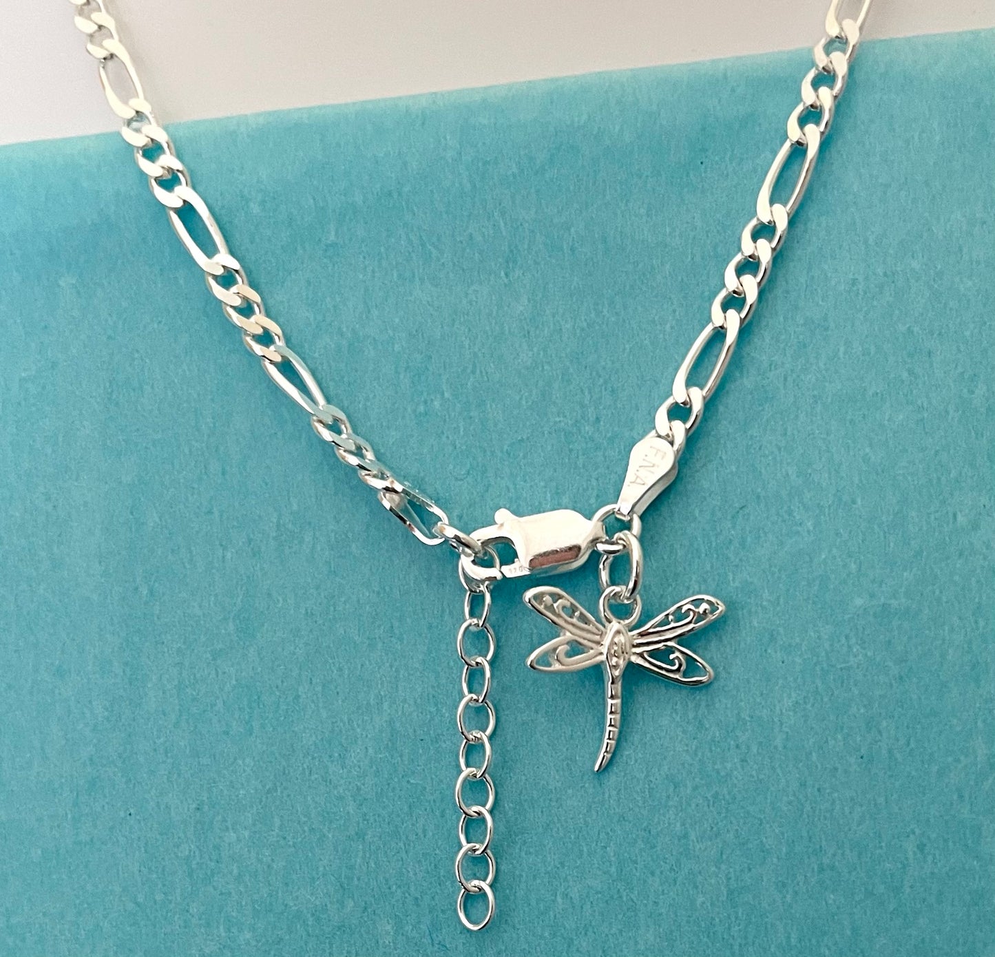 Anklet Figaro Link With Dragonfly Solid 925 Sterling Silver Italy