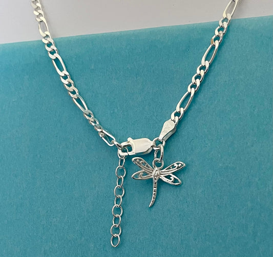 Anklet Figaro Link With Dragonfly Solid 925 Sterling Silver Italy