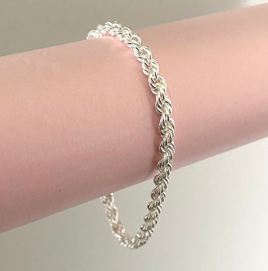 Bracelet Silk Rope Thick Bold Link Solid 925 Sterling Silver Italy