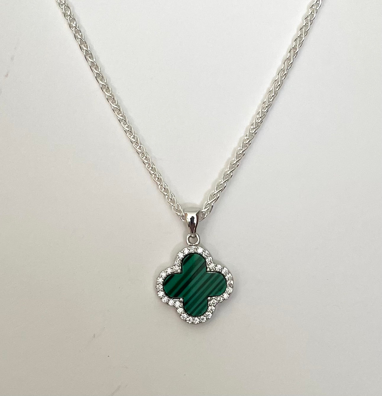 Green Malachite Clover Necklace Solid 925 Sterling Silver Italy