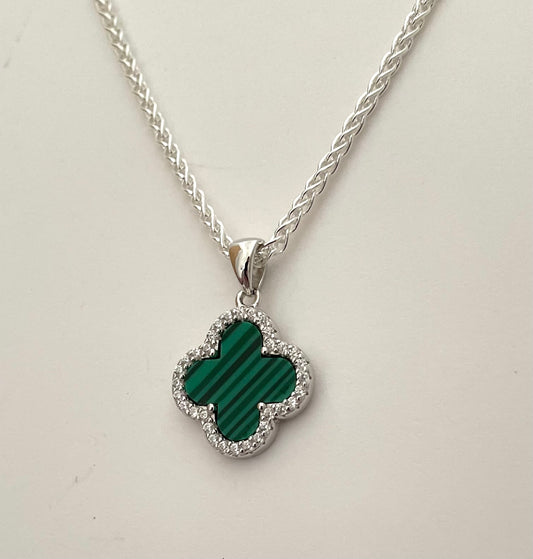 Green Malachite Clover Necklace Solid 925 Sterling Silver Italy