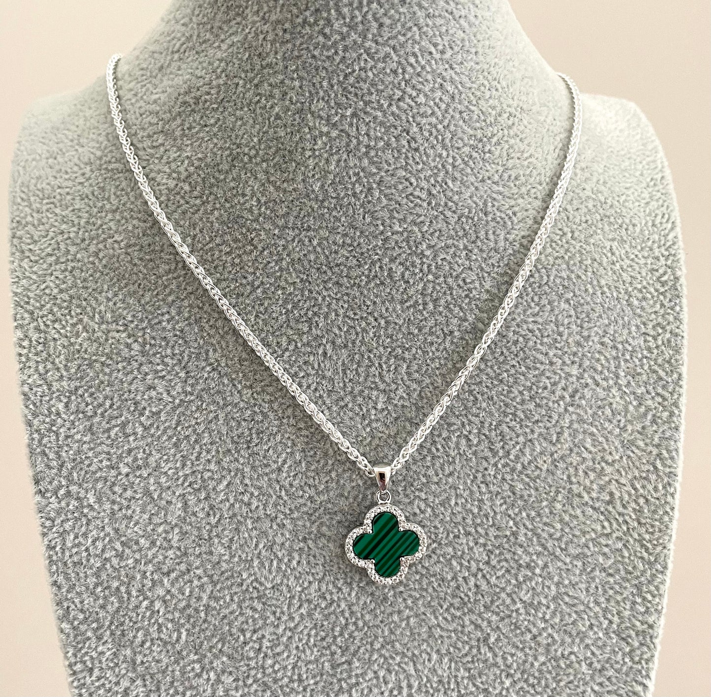 Green Malachite Clover Necklace Solid 925 Sterling Silver Italy