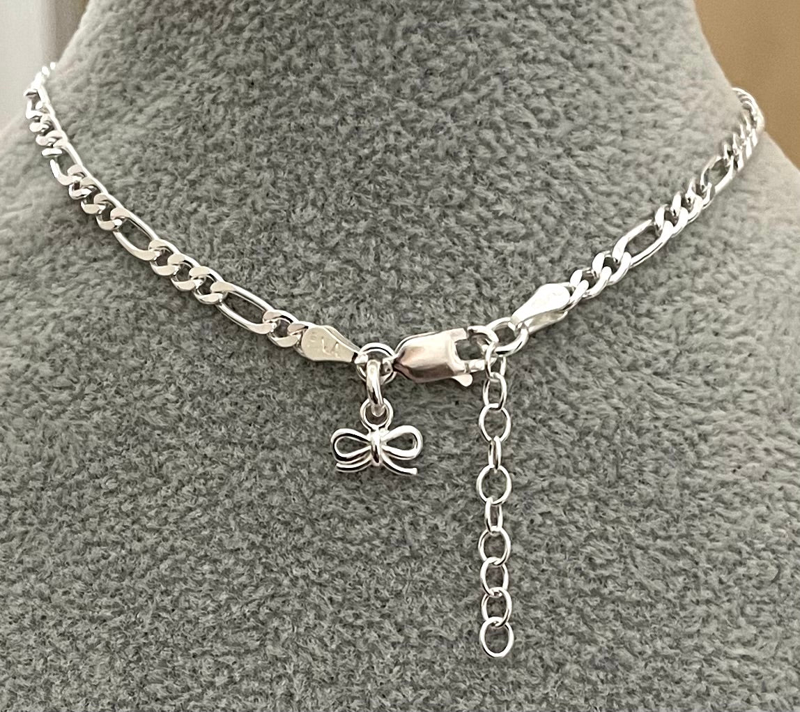Anklet Figaro With Bow Solid 925 Sterling Silver Italy