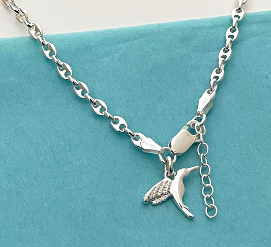 Anklet Solid Puffy Gucc/Marine With Hummingbird Solid 925 Sterling Silver Italy