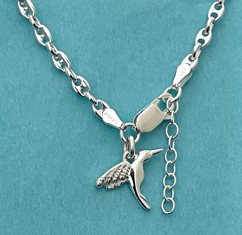 Anklet Solid Puffy Gucc/Marine With Hummingbird Solid 925 Sterling Silver Italy