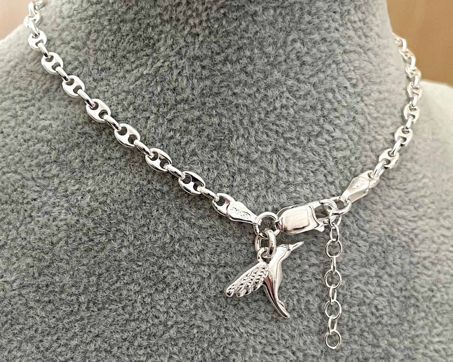 Anklet Solid Puffy Gucc/Marine With Hummingbird Solid 925 Sterling Silver Italy