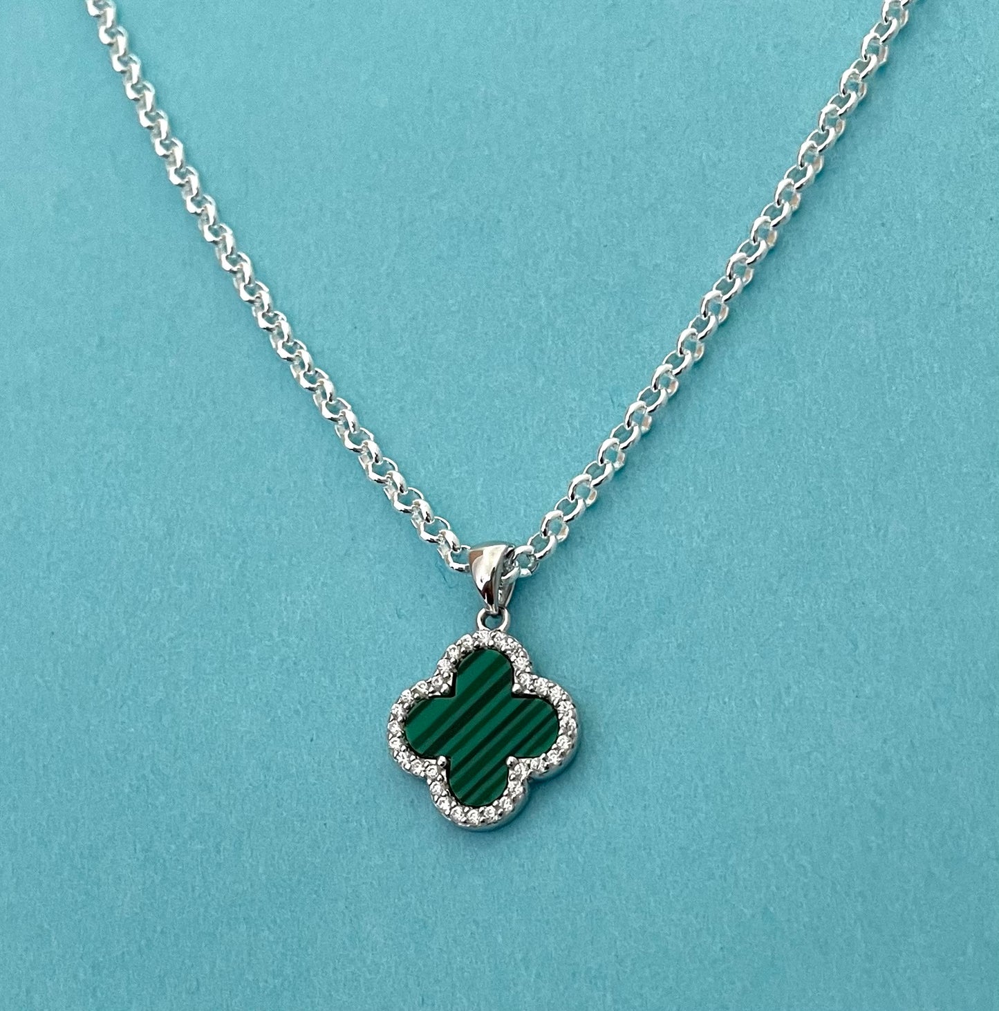Green Malachite Clover Necklace Solid 925 Sterling Silver Italy