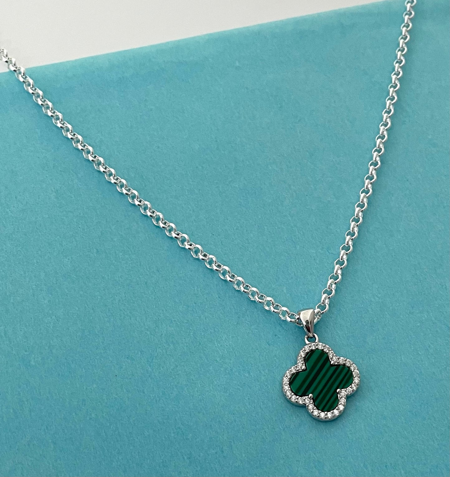 Green Malachite Clover Necklace Solid 925 Sterling Silver Italy