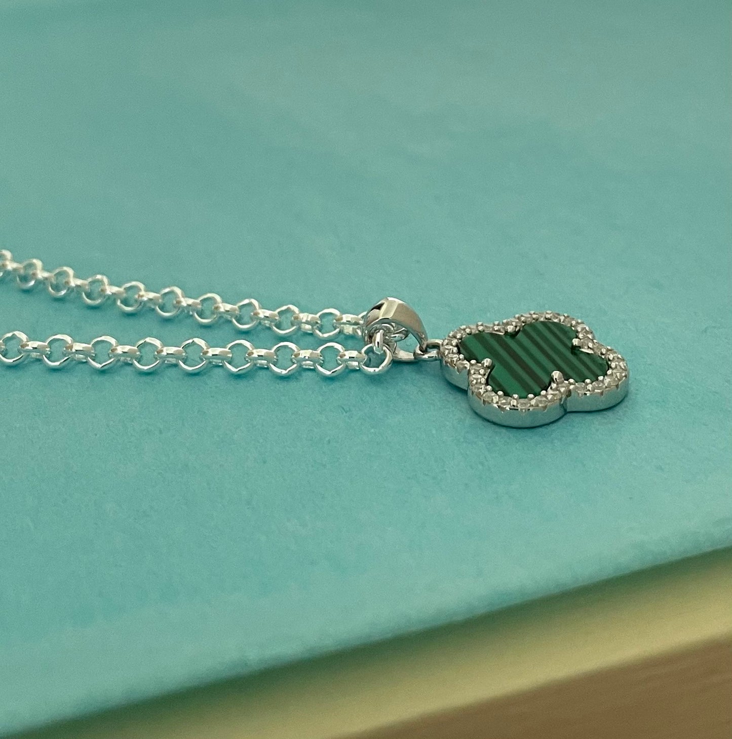 Green Malachite Clover Necklace Solid 925 Sterling Silver Italy