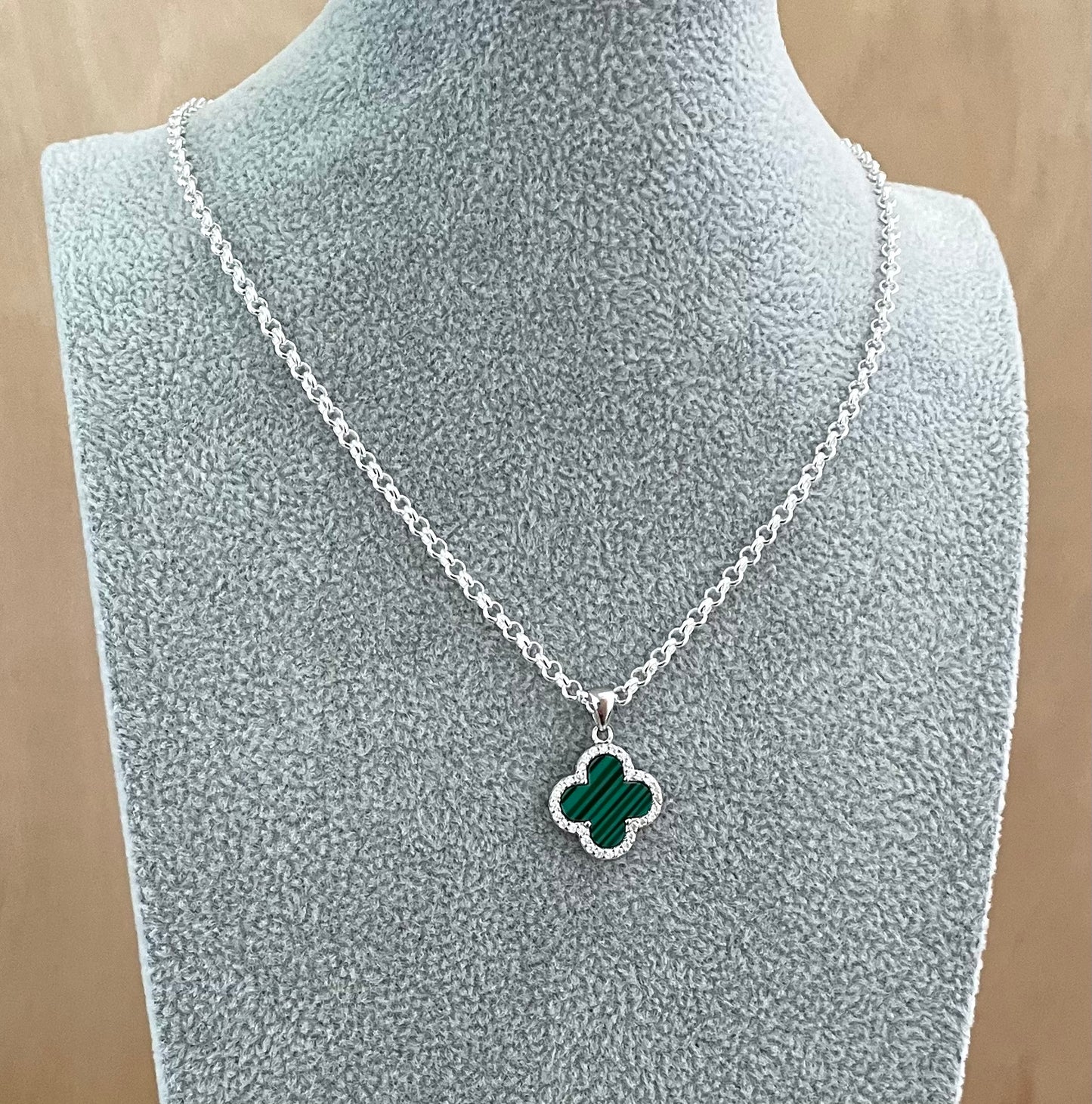 Green Malachite Clover Necklace Solid 925 Sterling Silver Italy