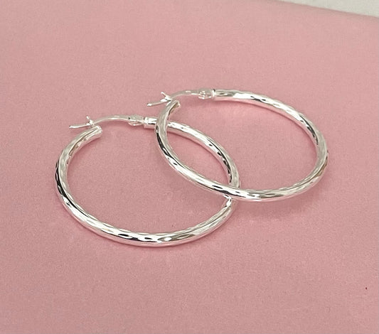 Earrings Large Size Diamond Cut Hoops 35mm Solid 925 Sterling Silver