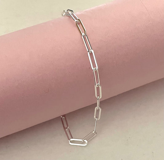 Bracelet Paperclip 3.5mm Shiny Flat Link Solid 925 Sterling Silver Italy