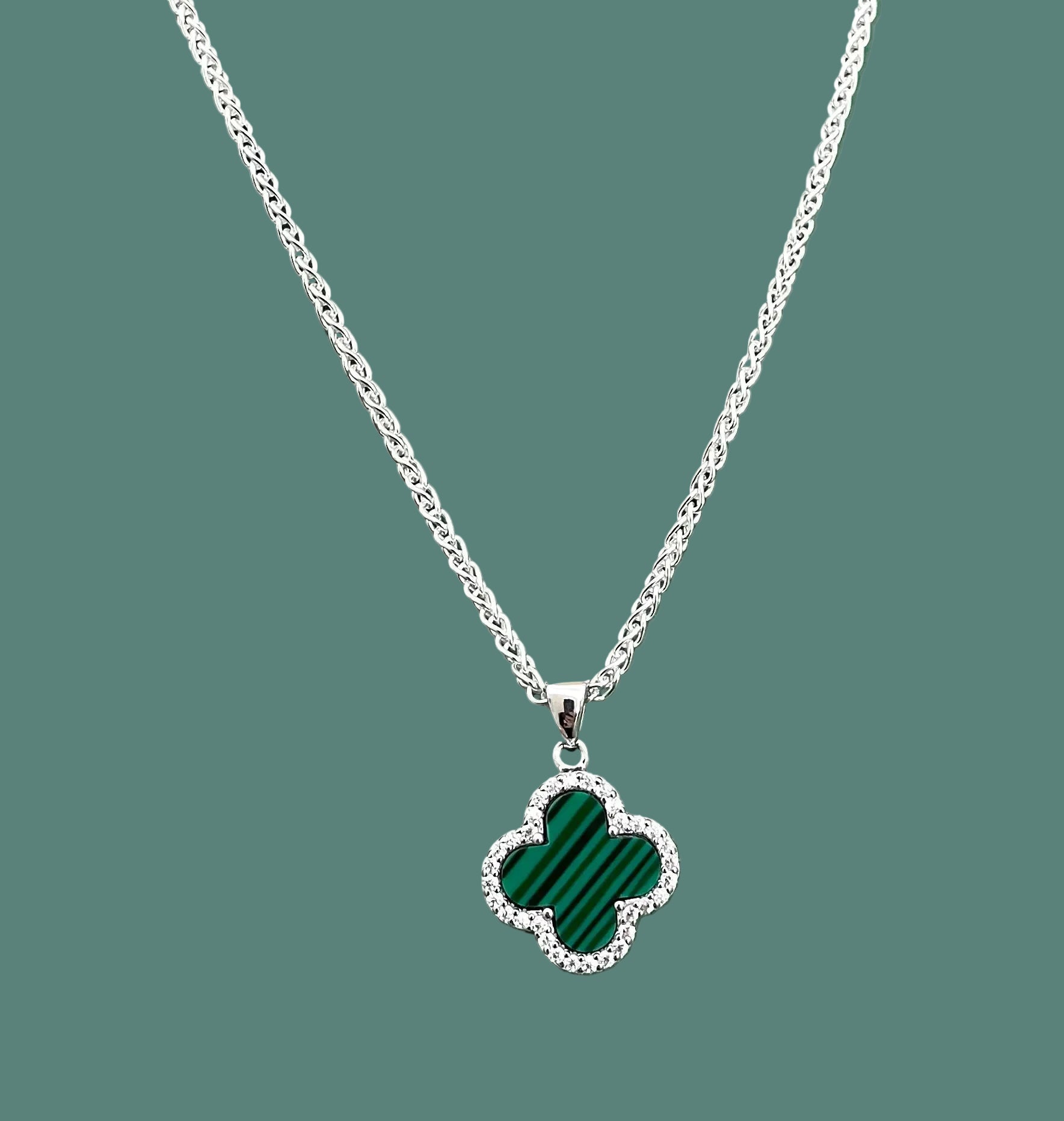 Necklace with green malachite clover pendant on spiga chain 18 inch 2mm solid 925 sterling silver Italy