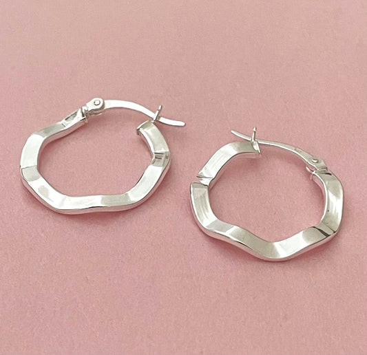 Solid 925 Sterling Silver Wavy Hoop Earrings